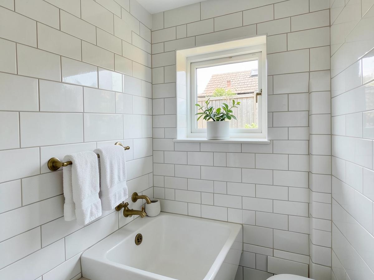 Tiled bathroom with brass fittings