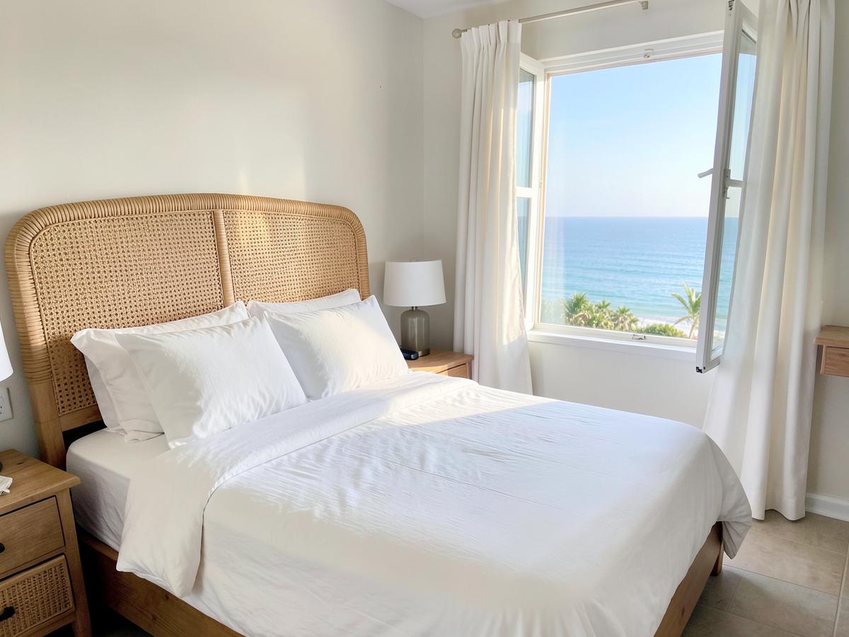 Bedroom with rattan headboard