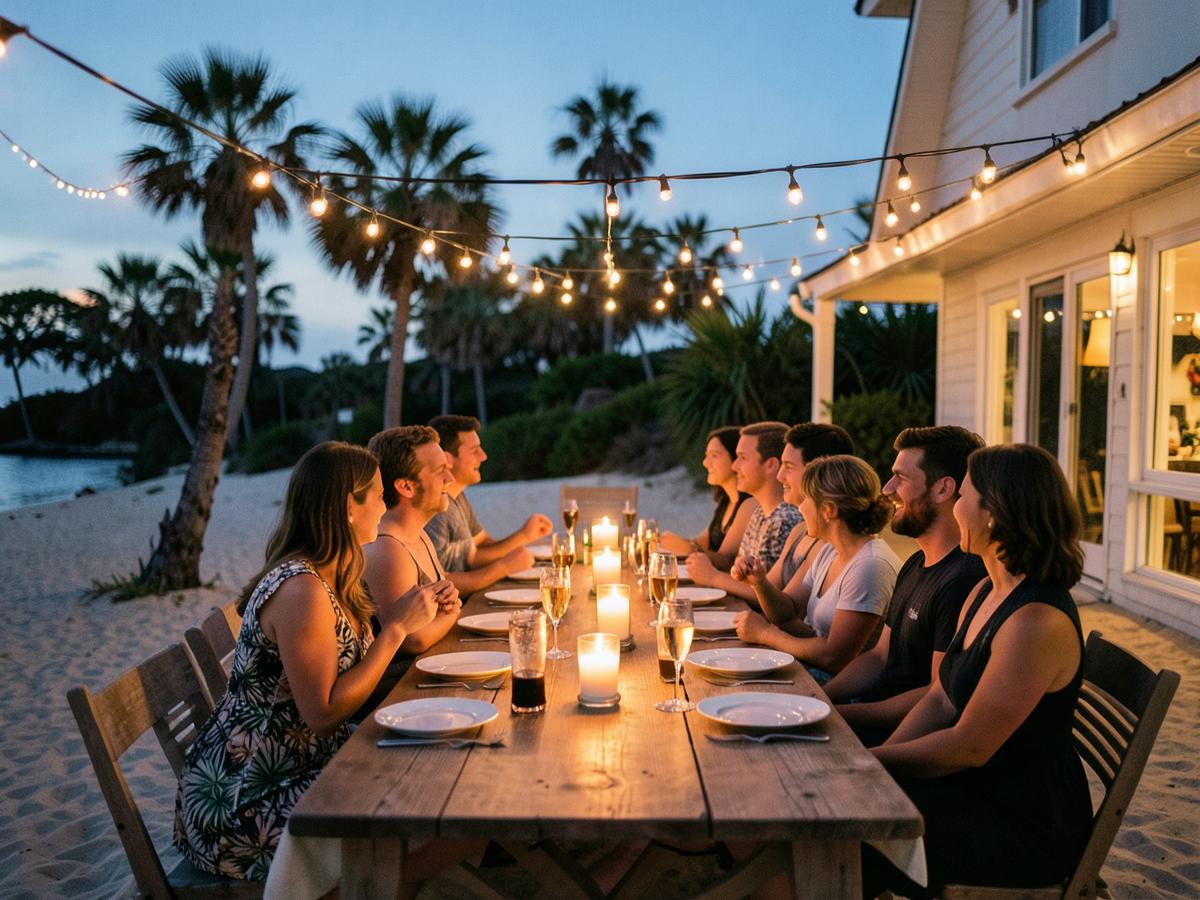 Guests at a long outdoor table with string lights